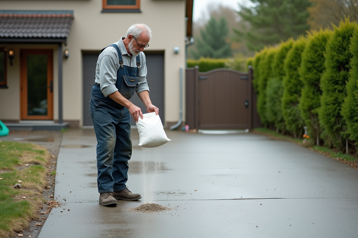 Homme inspectant un sac de poudre blanche devant la maison