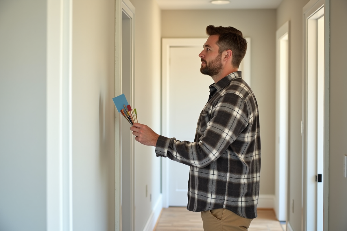 Homme inspectant un échantillon de couleur dans un couloir