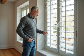Homme examine une fenêtre avec volets intégrés dans un salon moderne