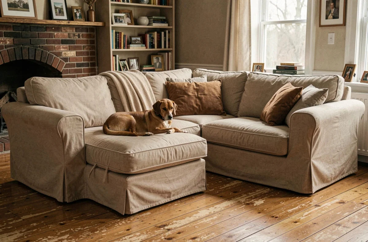 Canapé d'angle entièrement recouvert d'une housse extensible beige dans un salon familial avec un chien allongé sur la méridienne