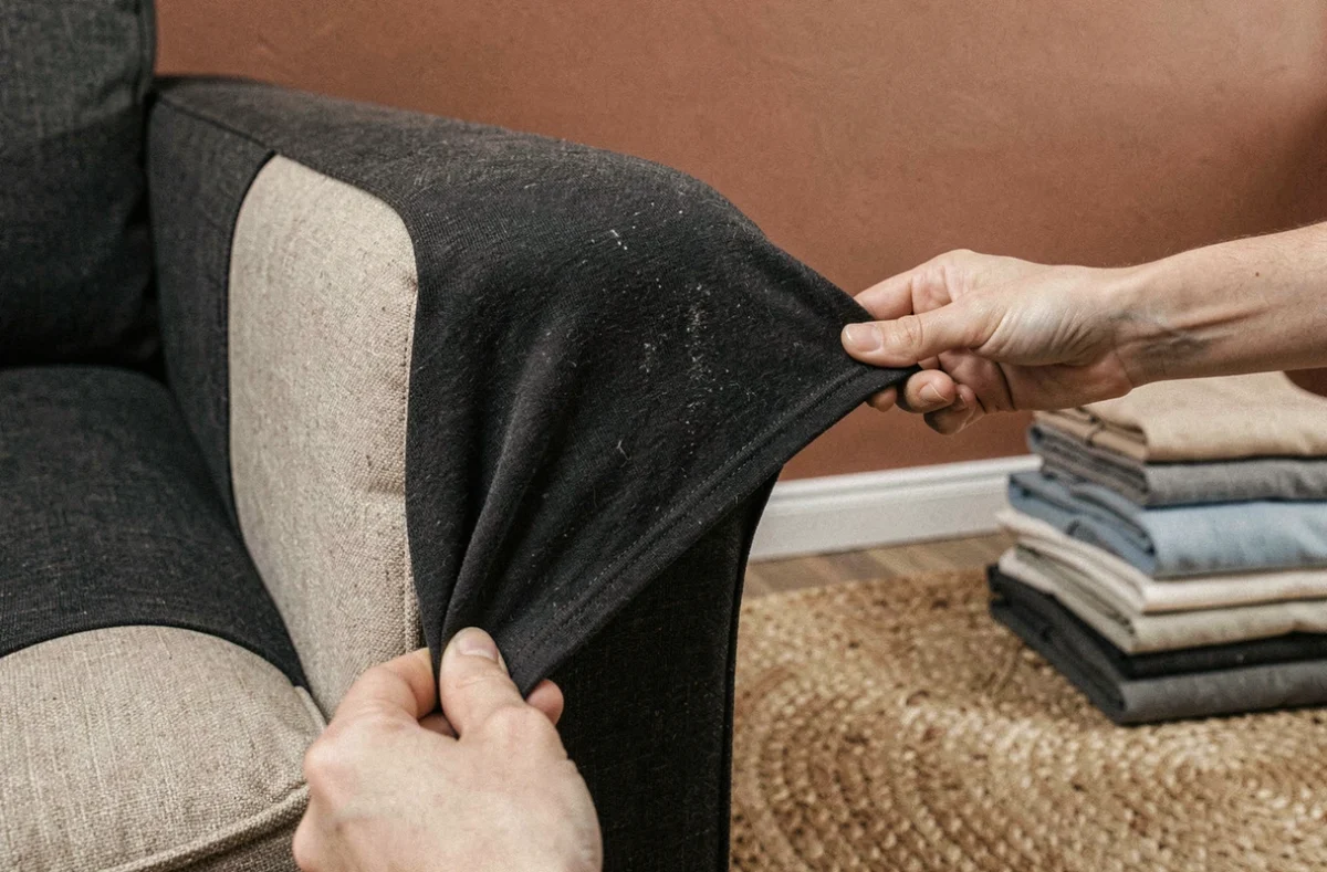 Gros plan sur le retrait d'une housse extensible anthracite d'un accoudoir de canapé d'angle pour l'entretien et le lavage