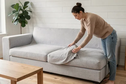 Femme ajustant une housse extensible gris clair sur un canapé d'angle dans un salon scandinave au parquet clair