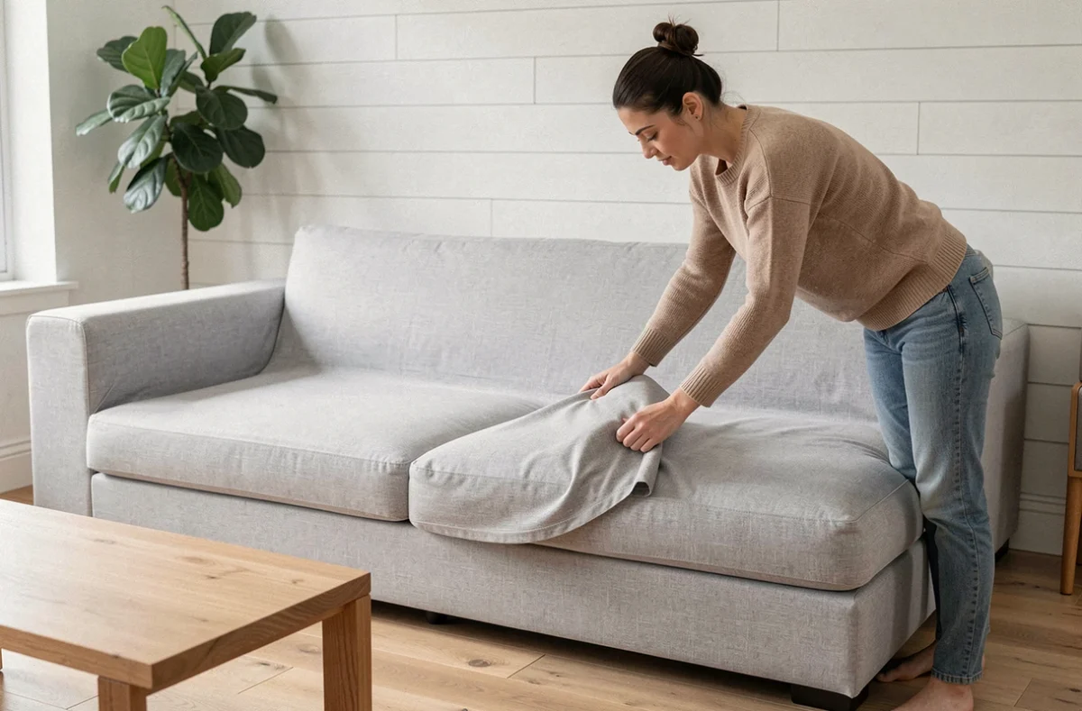 Femme ajustant une housse extensible gris clair sur un canapé d'angle dans un salon scandinave au parquet clair