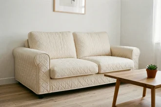 Housse matelassée ajustée sur un canapé clic clac dans un studio Airbnb au style épuré