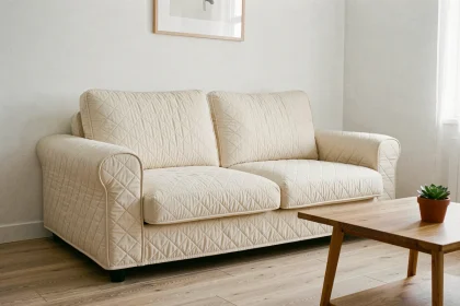 Housse matelassée ajustée sur un canapé clic clac dans un studio Airbnb au style épuré