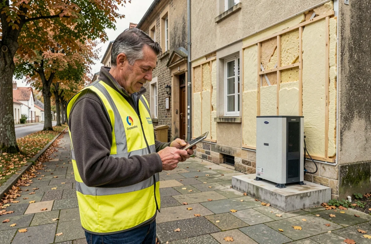 Spécialiste en rénovation énergétique Humbert devant une maison en cours de rénovation à Caen avec une pompe à chaleur installée