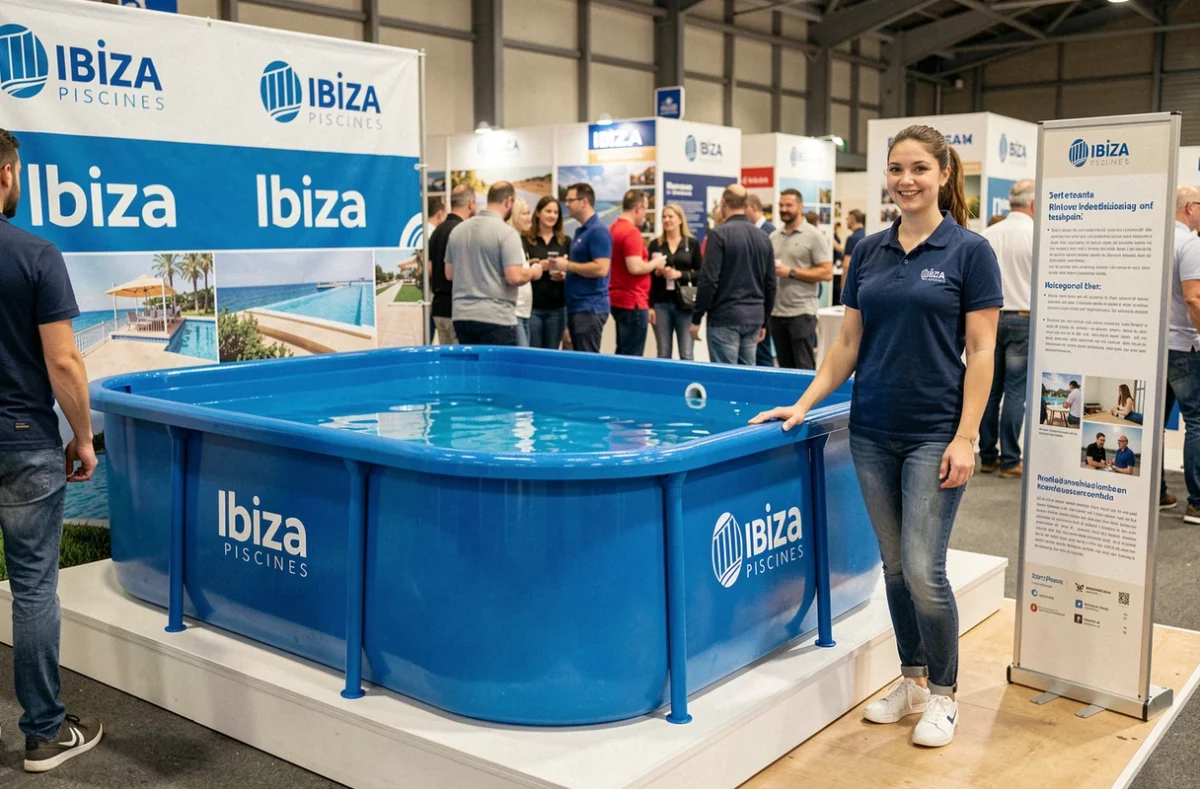 Stand Ibiza Piscines lors d'un salon régional en Rhône-Alpes avec coque fibre exposée et conseillère commerciale