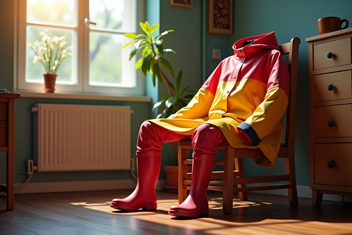 Imperméable coloré sur une chaise en bois près d