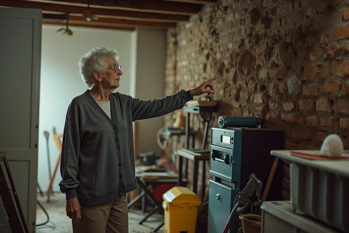 Femme &acirc;g&eacute;e pointe une infestation de champignons et m&eacute;rule dans un sous-sol