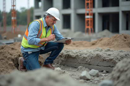 Ing&eacute;nieur en construction inspectant une fondation en b&eacute;ton