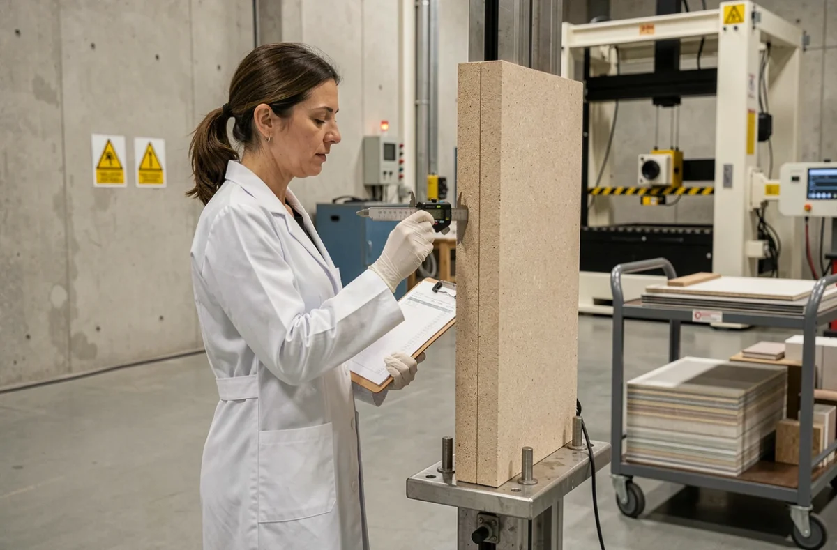 Ingénieure contrôlant la résistance mécanique d'un assemblage composite en fibre sur banc d'essai industriel
