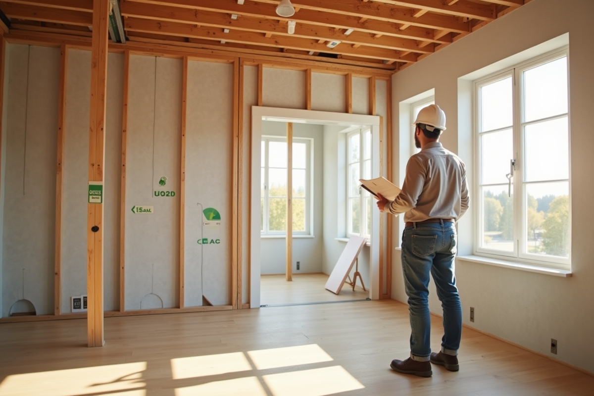 Architecte examine l isolation dans une maison renovée et eco
