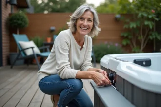 Femme inspectant un spa extérieur dans un jardin