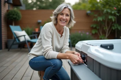 Femme inspectant un spa ext&eacute;rieur dans un jardin