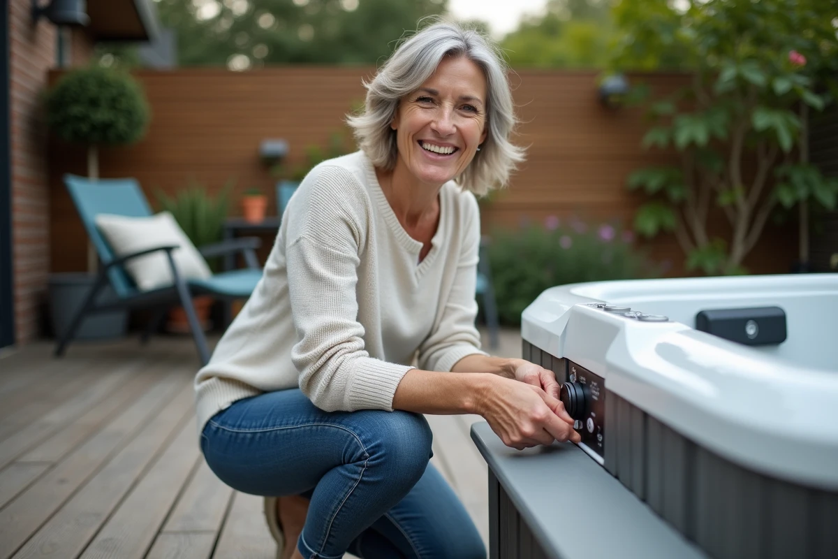 Femme inspectant un spa extérieur dans un jardin