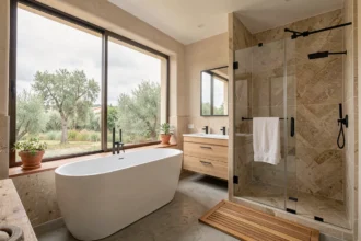 Salle de bain moderne rénovée en Provence-Alpes-Côte d'Azur avec baignoire îlot, douche à l'italienne et carrelage en pierre beige