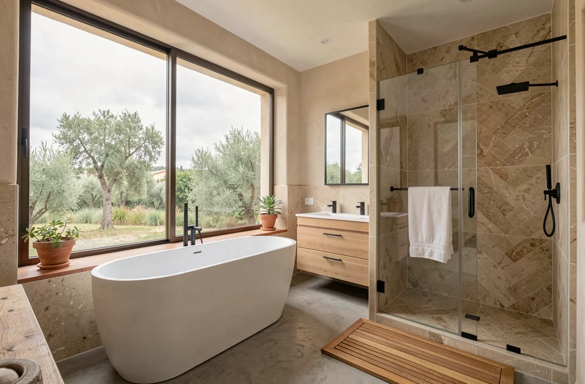 Salle de bain moderne rénovée en Provence-Alpes-Côte d'Azur avec baignoire îlot, douche à l'italienne et carrelage en pierre beige