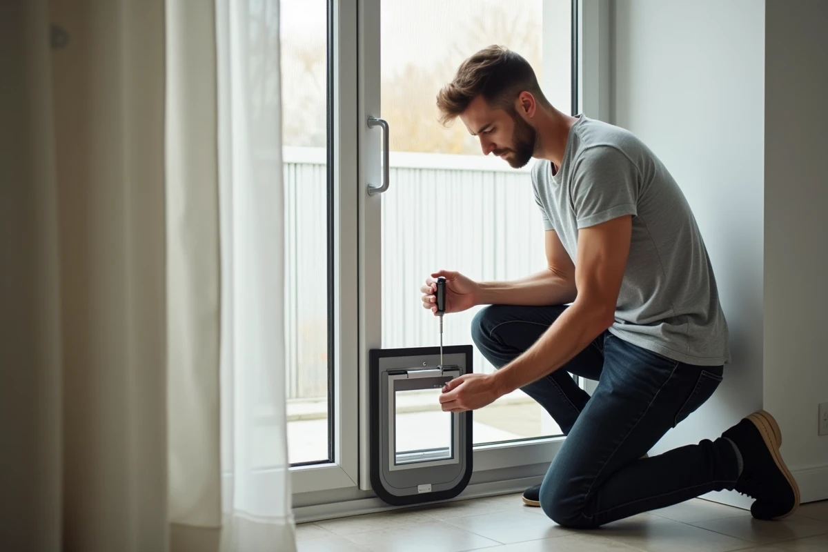 Homme en train d'installer une chatière amovible sur une porte-fenêtre dans un appartement meublé en location, sans perçage ni dommage