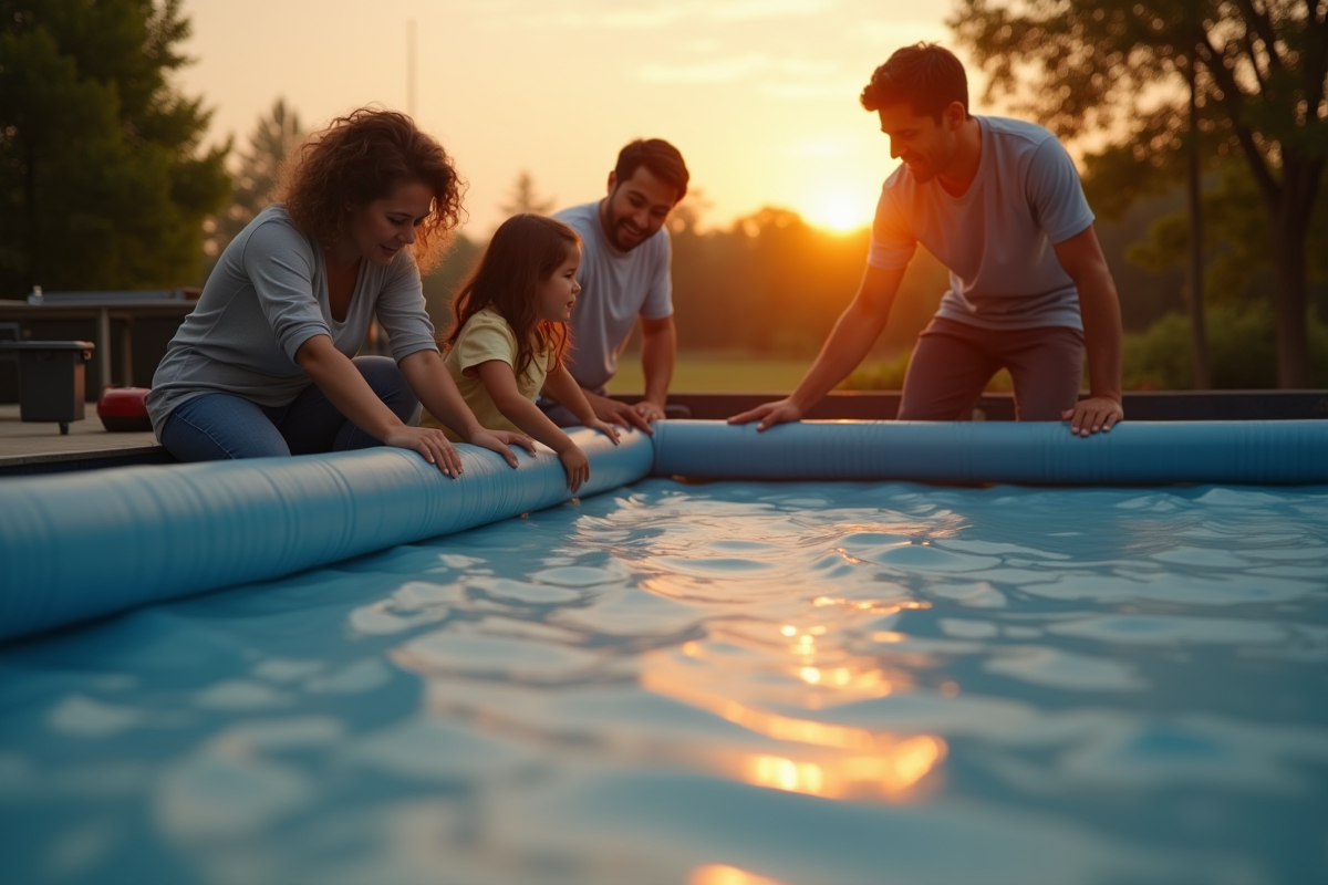 Famille posant une couverture de piscine au coucher du soleil