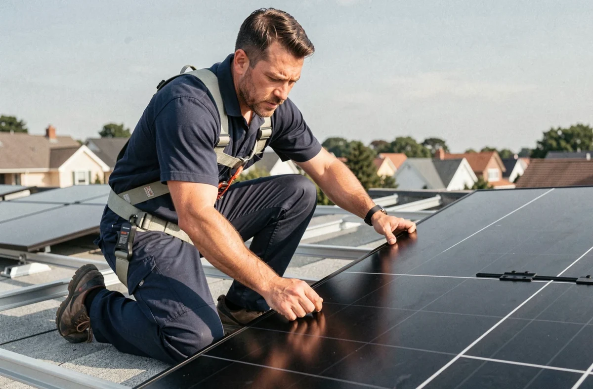 Installateur de panneaux solaires full black en train de poser un module sur une toiture résidentielle avec harnais de sécurité