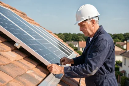 Technicien installant un panneau solaire monocristallin sur un toit de maison individuelle en France