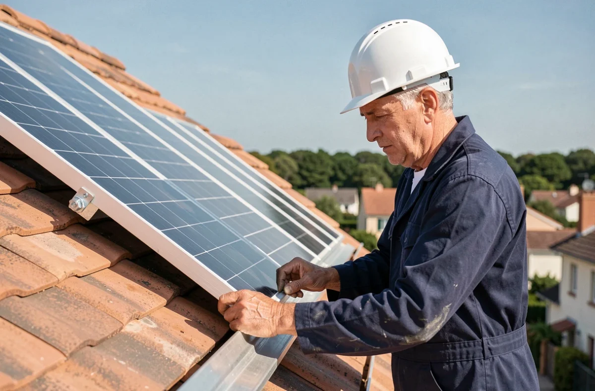 Technicien installant un panneau solaire monocristallin sur un toit de maison individuelle en France