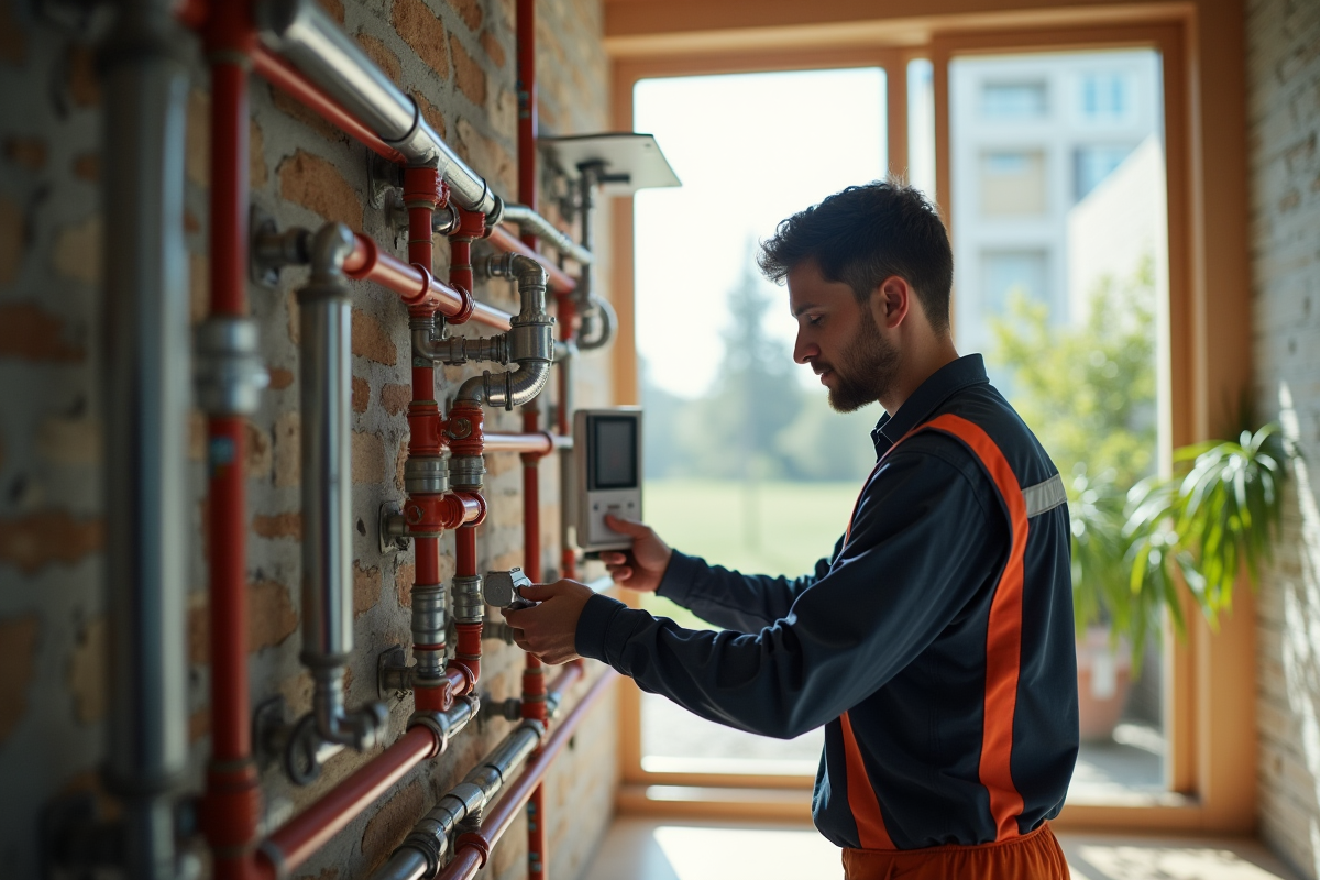 Technicien installant un systeme de chauffage eco-responsable