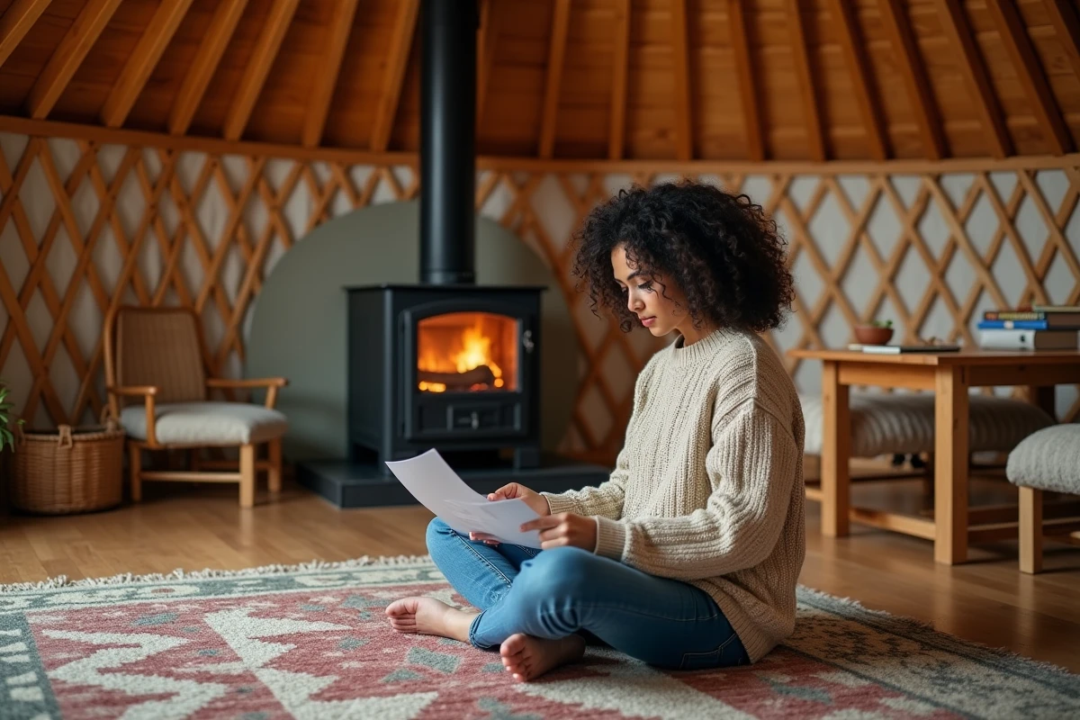 Intérieur chaleureux d'une yourte en bois avec poêle à bois, tapis tissés et femme consultant un budget sur ordinateur