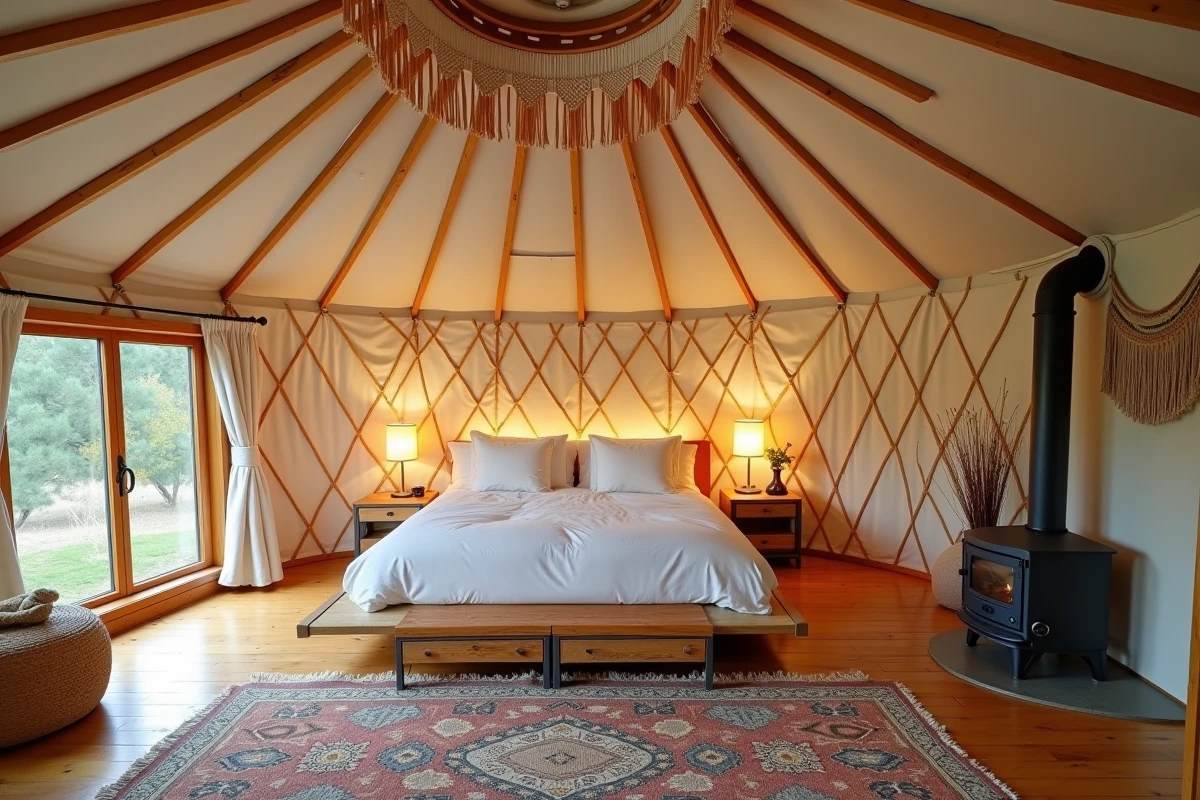 Intérieur chaleureux d'une yourte aménagée en gîte touristique avec lit en bois, tapis vintage et poêle à bois