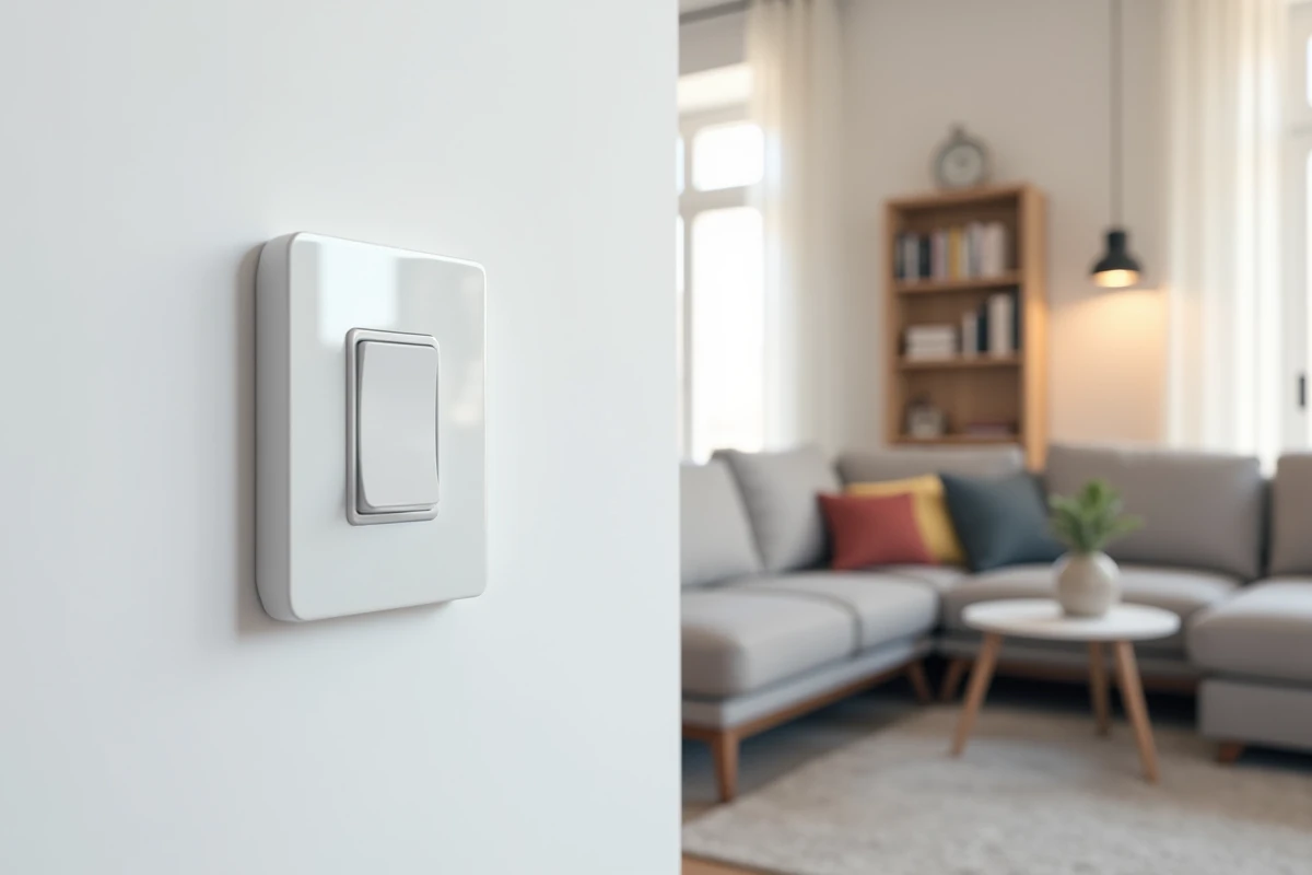 Interrupteur Yokis sans fil monté au mur d'un salon moderne avec éclairage LED au plafond