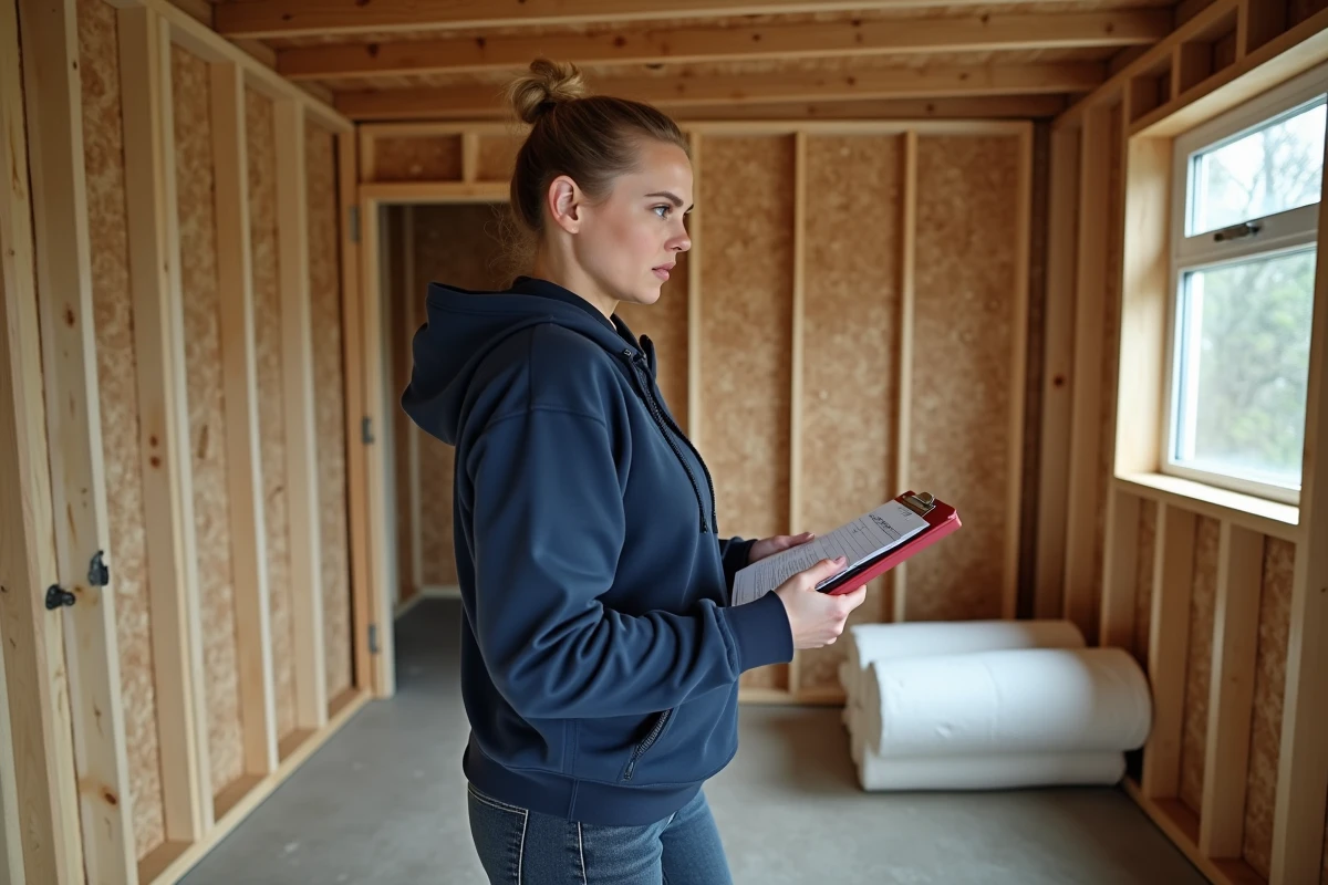 Propriétaire inspectant l'isolation en laine minérale entre les montants d'une annexe de jardin en cours de rénovation