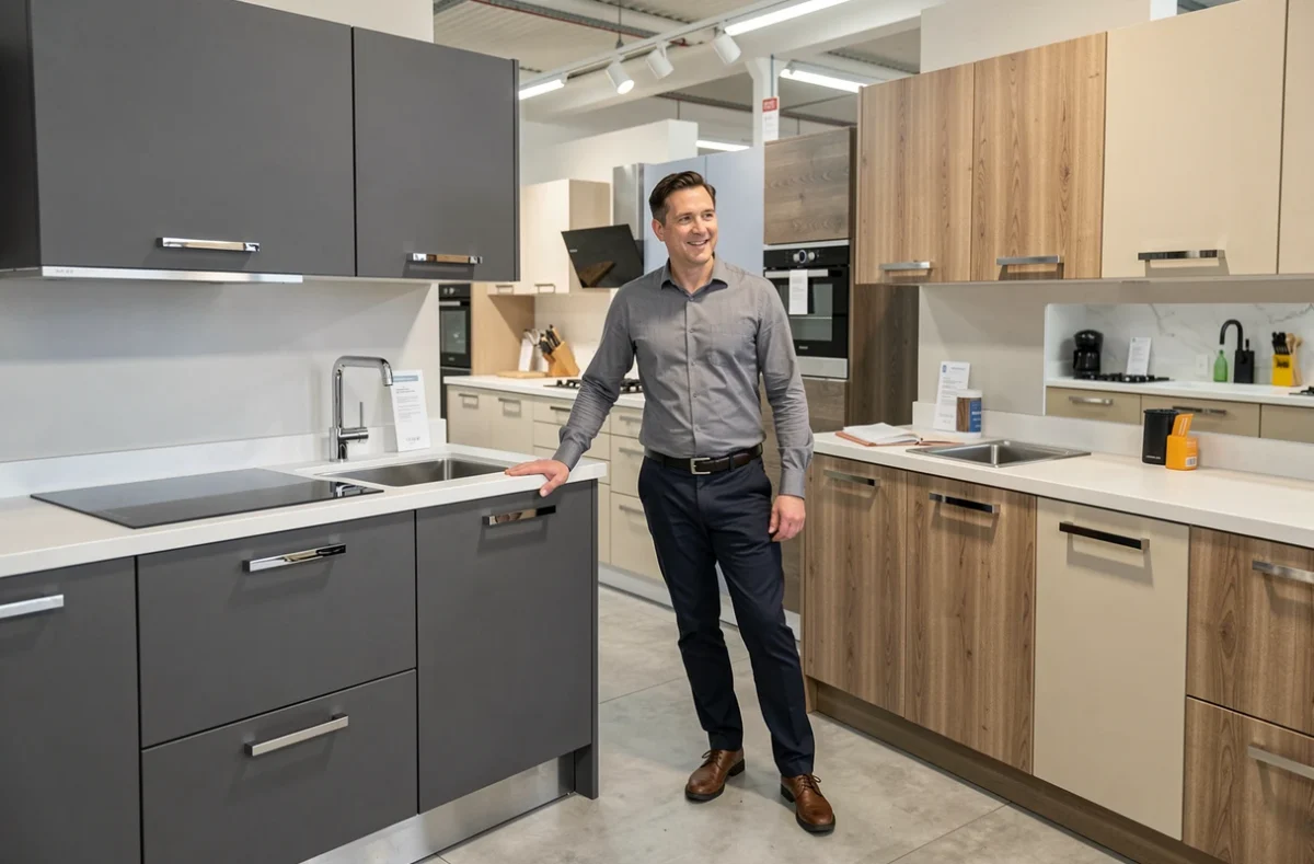 Conseiller Ixina Bordeaux présentant deux modèles de cuisines milieu de gamme en gris anthracite et beige bois