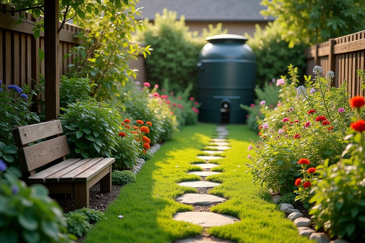 Jardin écologique avec plantes fleuries compost et récupérateur d'eau