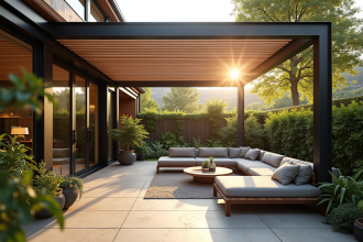 Jardin moderne avec pergola aluminium et mobilier extérieur