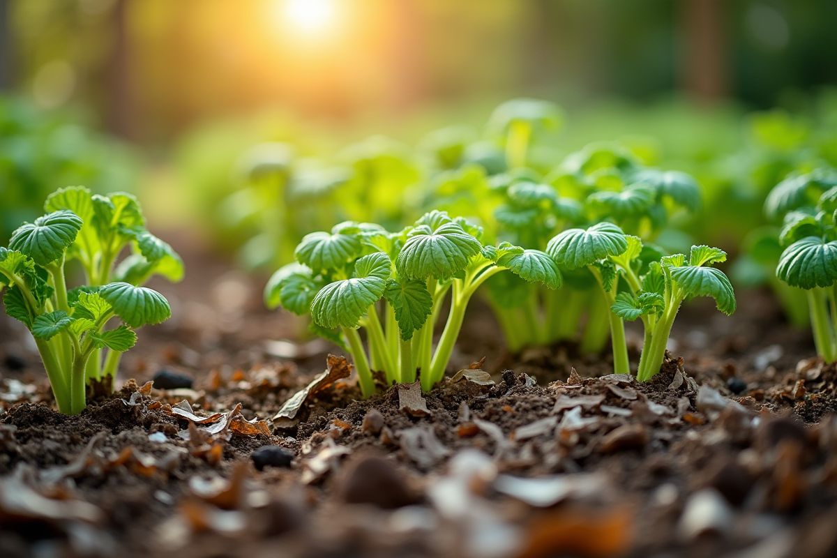 Jardin potager avec paillage en papier journal vert jeunes plantes