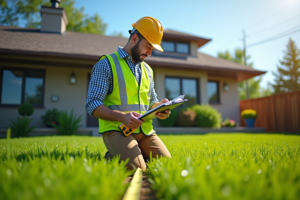 Paysagiste mesurant un jardin avec une règle et un carnet