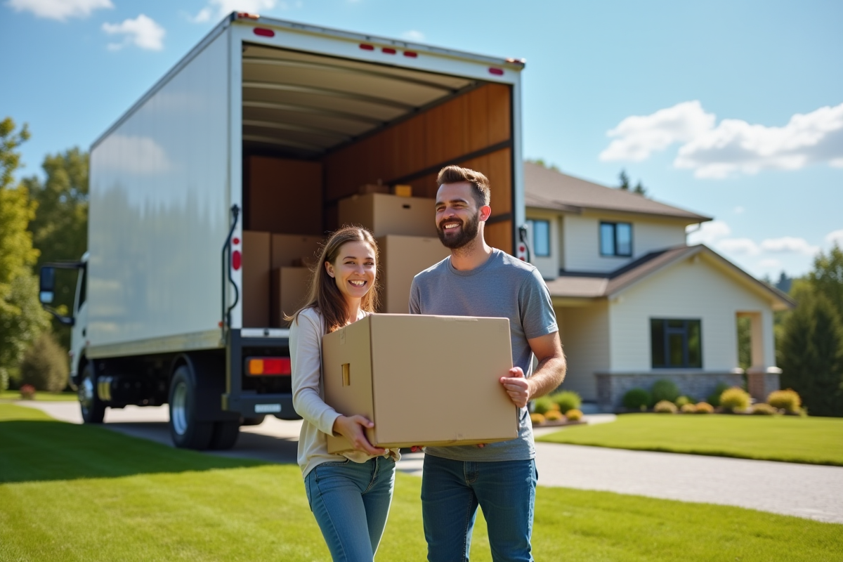 Couple souriant chargeant des cartons dans un camion moderne