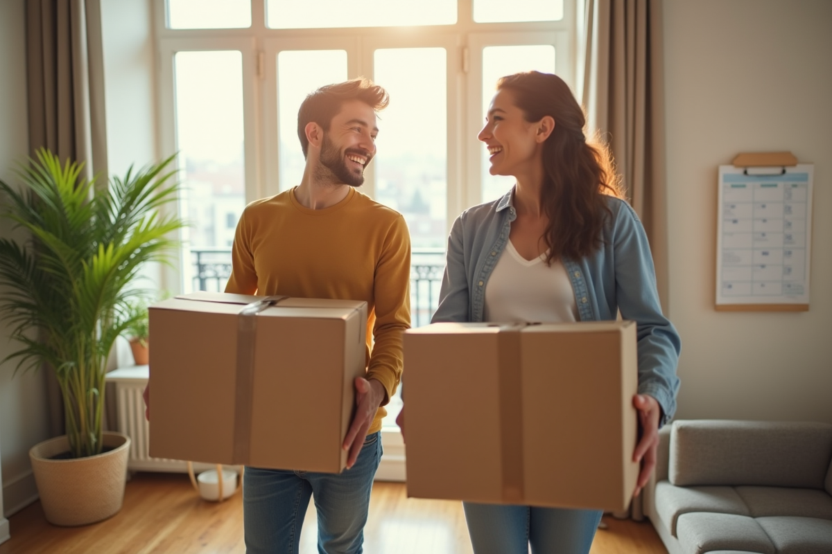 Jeune couple heureux emmenageant dans un appartement lumineux