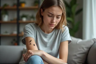 Jeune femme regardant ses insectes sur le bras