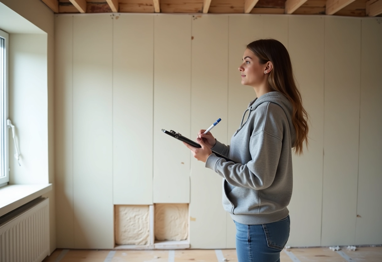 Jeune femme vérifiant des plaques de plâtre dans une pièce rénovée