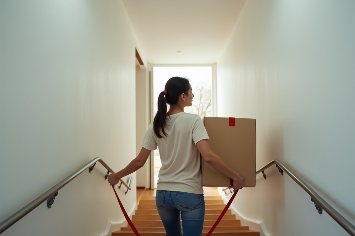 Une jeune femme soulève une boîte dans un escalier moderne
