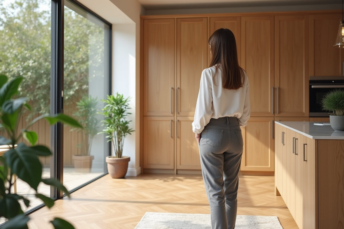Jeune femme admirant un meuble en chene dans le salon