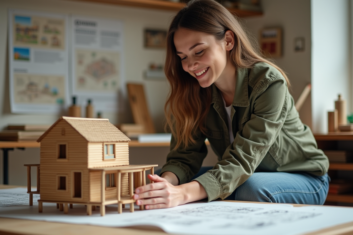 Jeune femme ajustant un modèle réduit de maison sur pilotis