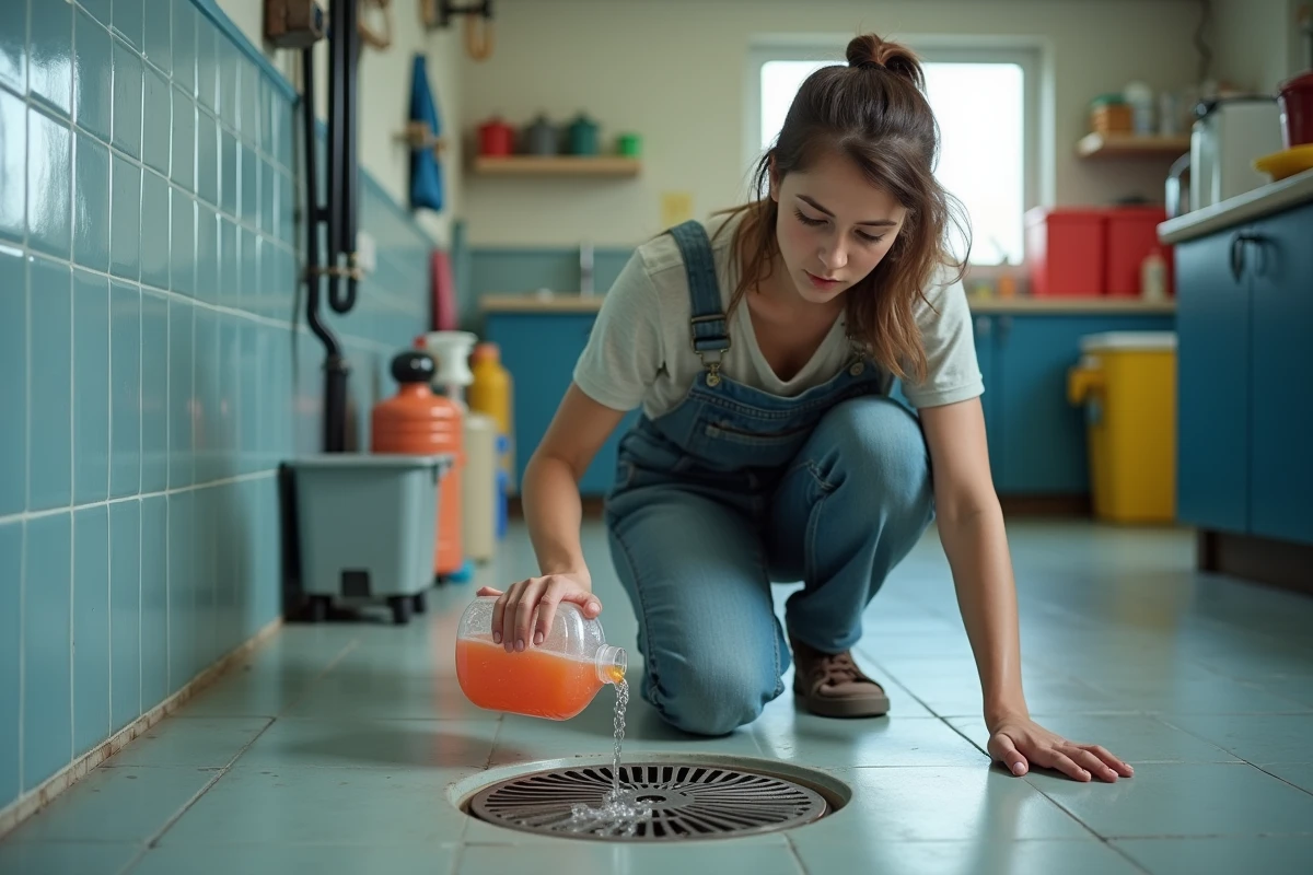 Jeune femme verse un produit dans un drain de sol