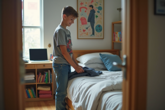 Jeune garçon plie des vêtements dans une chambre organisée