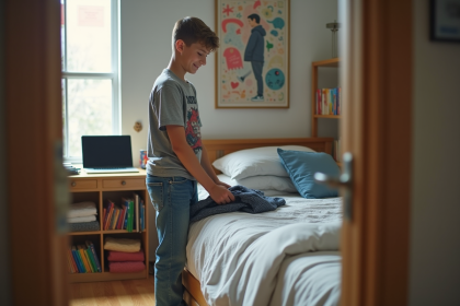 Jeune garçon plie des vêtements dans une chambre organisée