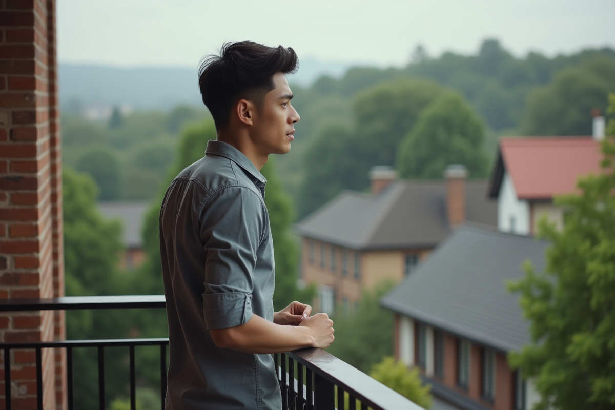 Jeune homme sur un balcon regardant la nature environnante
