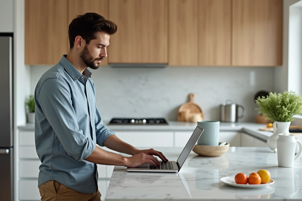 Jeune homme utilisant un ordinateur dans une cuisine moderne