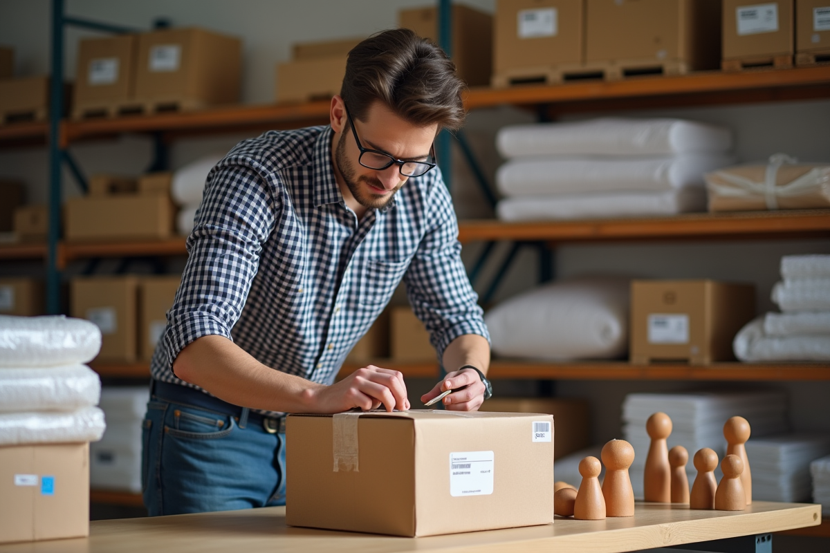 Jeune homme scellant un colis dans un atelier d