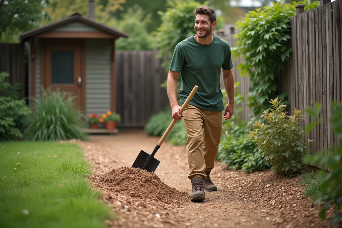Jeune homme en pantalon beige étalant mulch sur un chemin de jardin